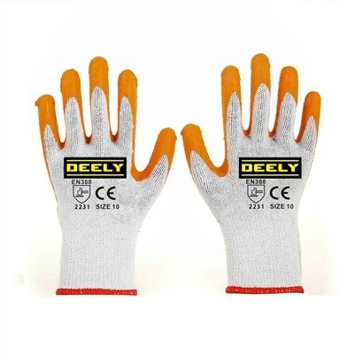 Vit polyester stickad liner orange latex rynkbelagda handskar